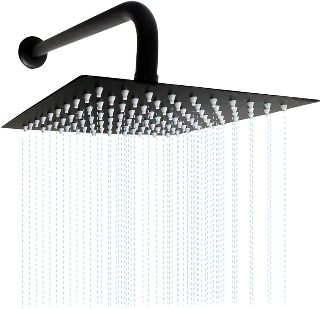 Cabezal Ducha Negro Mate Cuadrado ultra plano 15x15cm brazo Acero