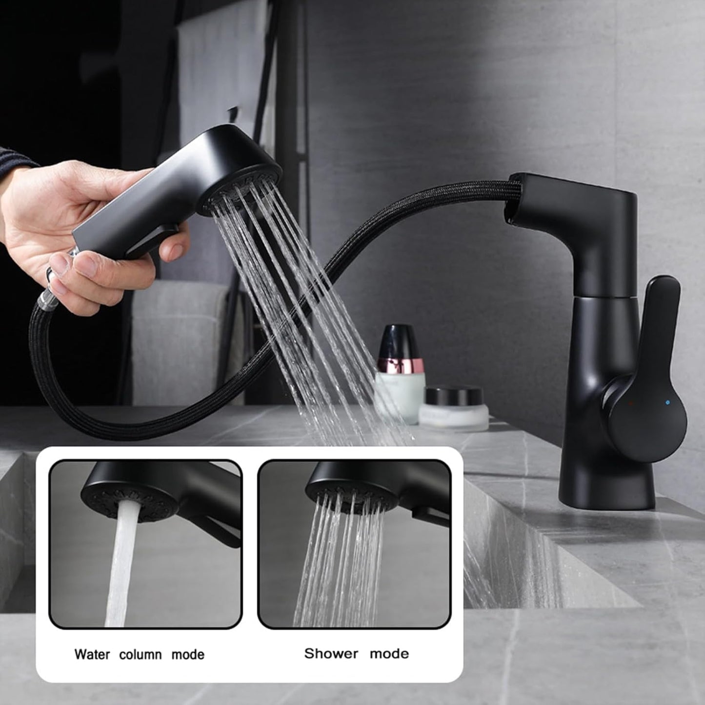 Grifos de baño con rociador extraíble ajustable para lavabo de lavado caliente y frío, grifos de baño de latón, color negro