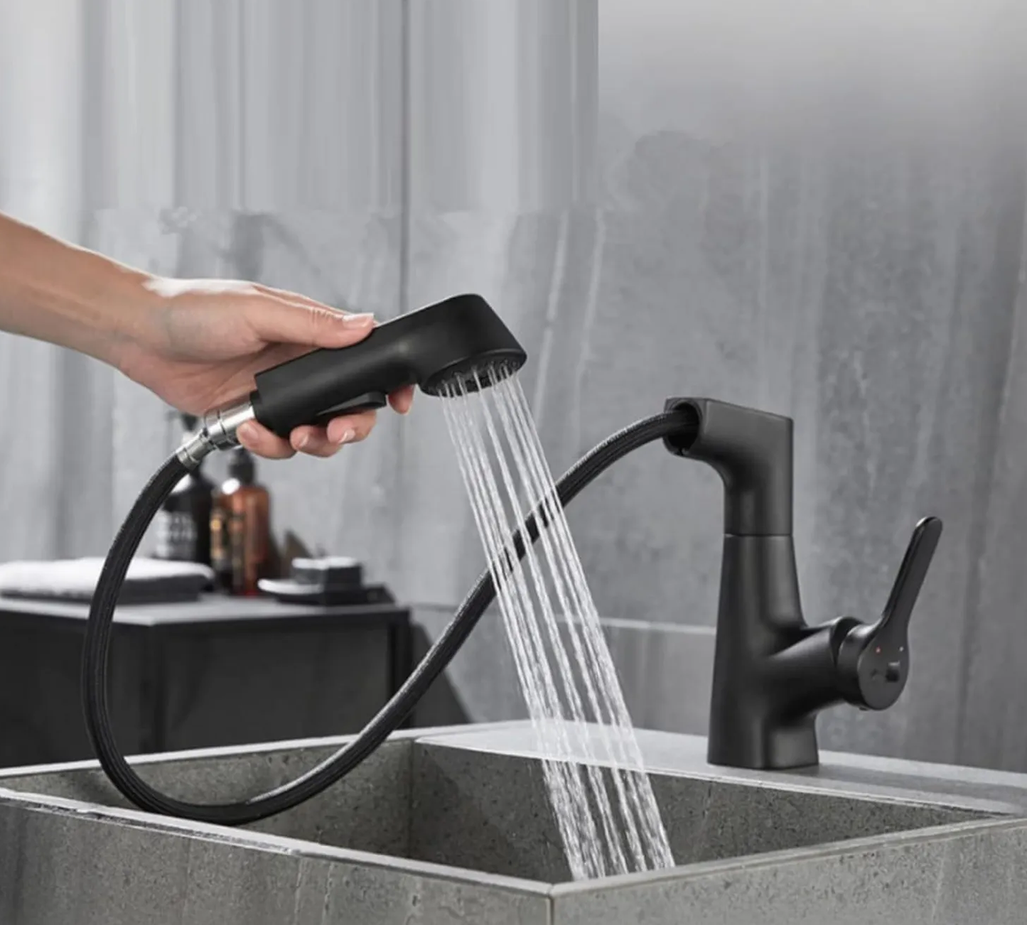 Grifos de baño con rociador extraíble ajustable para lavabo de lavado caliente y frío, grifos de baño de latón, color negro