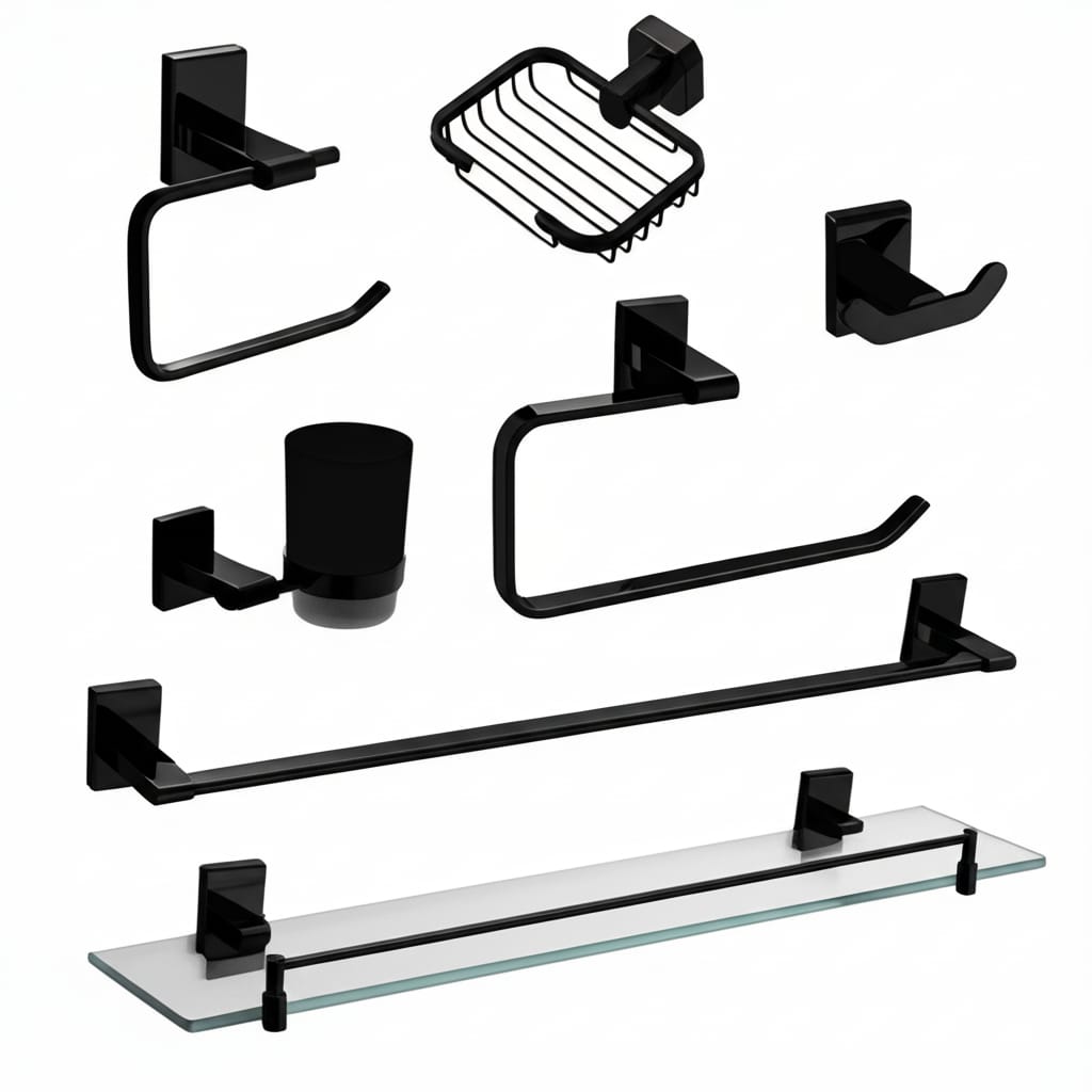 SET Juego de 7 Accesorios de Baño Acero Negro Mate Premium