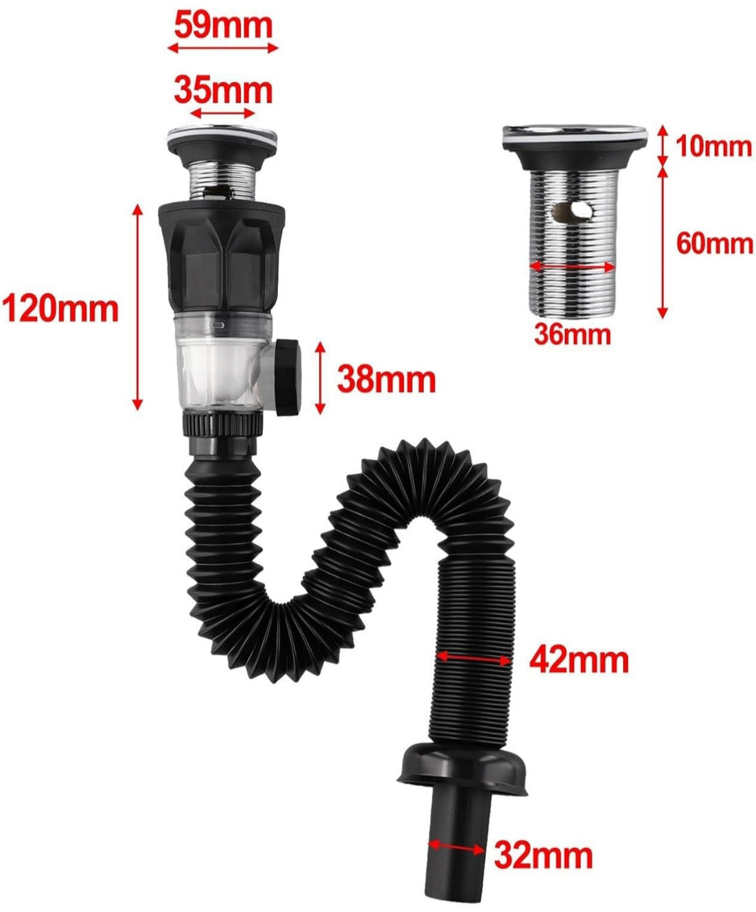 Desague Sifón flexible Negro con anti olor Push para Cocina o Baño