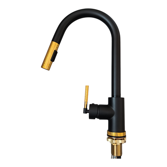 Grifo de Cocina Monomando Moderno Negro Mate con Detalles Dorados