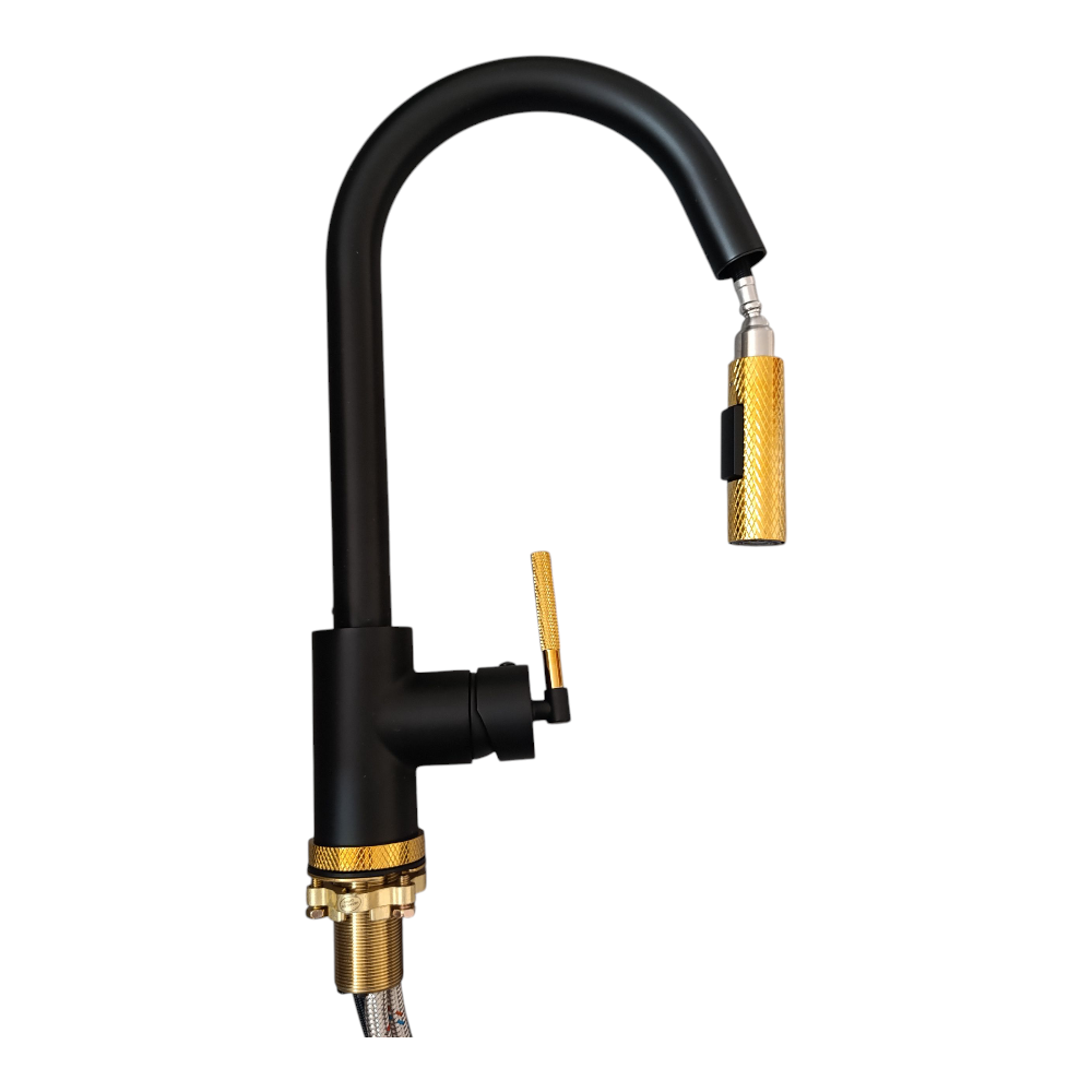 Grifo de Cocina Monomando Moderno Negro Mate con Detalles Dorados