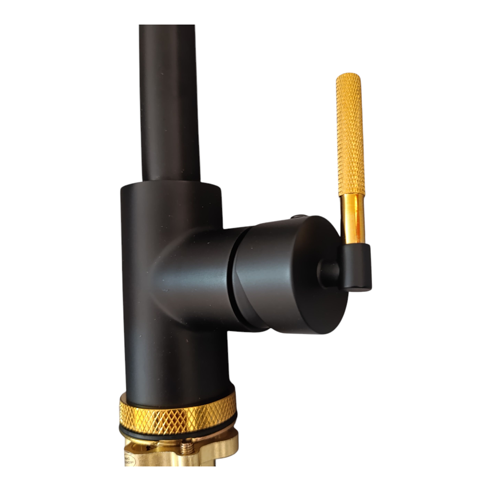 Grifo de Cocina Monomando Moderno Negro Mate con Detalles Dorados