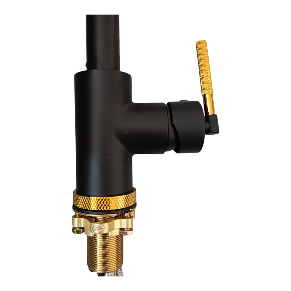 Grifo de Cocina Monomando Moderno Negro Mate con Detalles Dorados
