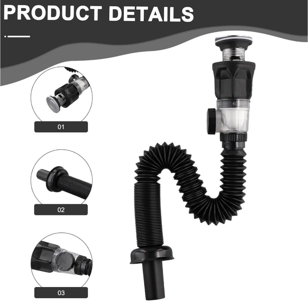 Desague Sifón flexible Negro con anti olor Push para Cocina o Baño