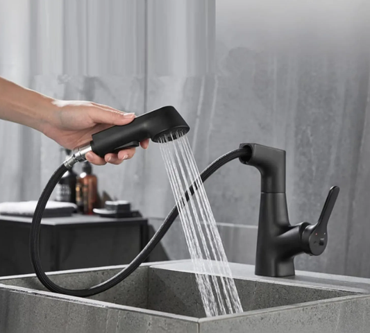 Grifos de baño con rociador extraíble ajustable para lavabo de lavado caliente y frío, grifos de baño de latón, color negro