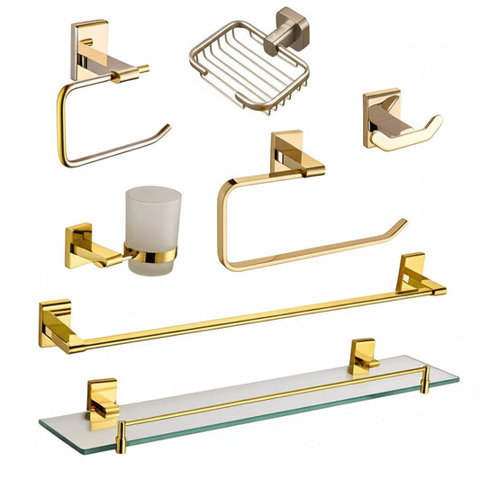 SET Juego de 7 Accesorios de Baño Acero Premium - Dorado Oro Brillante