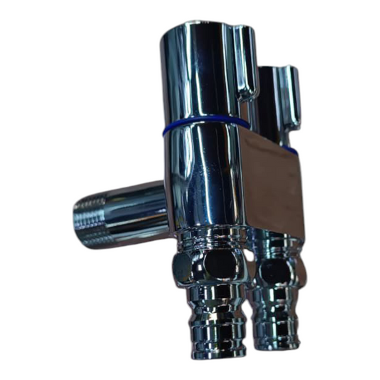 Válvula Angular Doble Salida Acero con doble adaptador