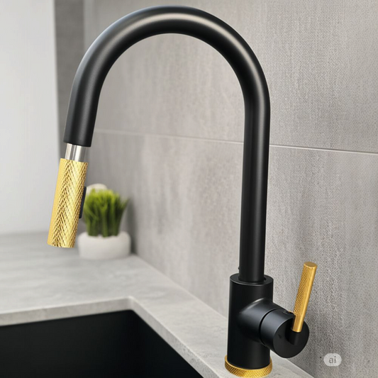 Grifo de Cocina Monomando Moderno Negro Mate con Detalles Dorados